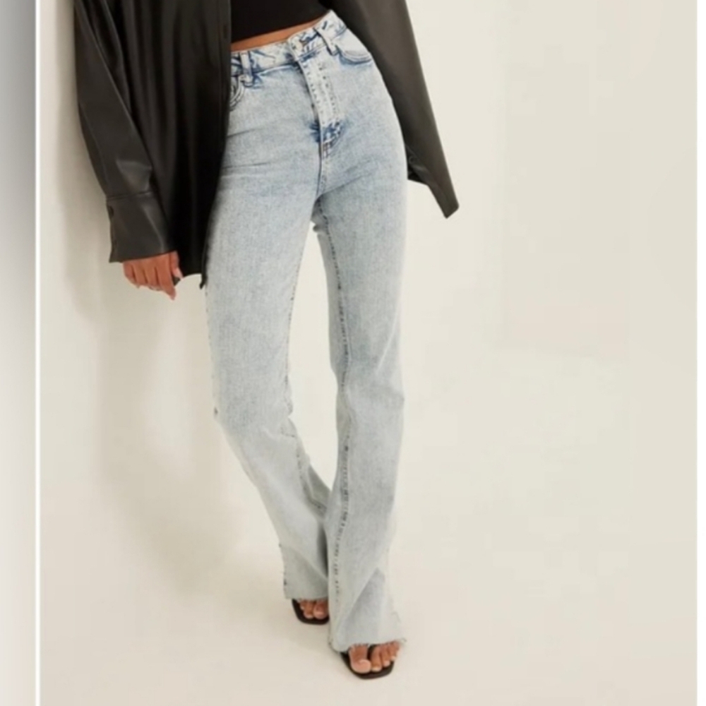 NA-KD High Waist Micro Flare Split Raw Hem Jeans Pants
